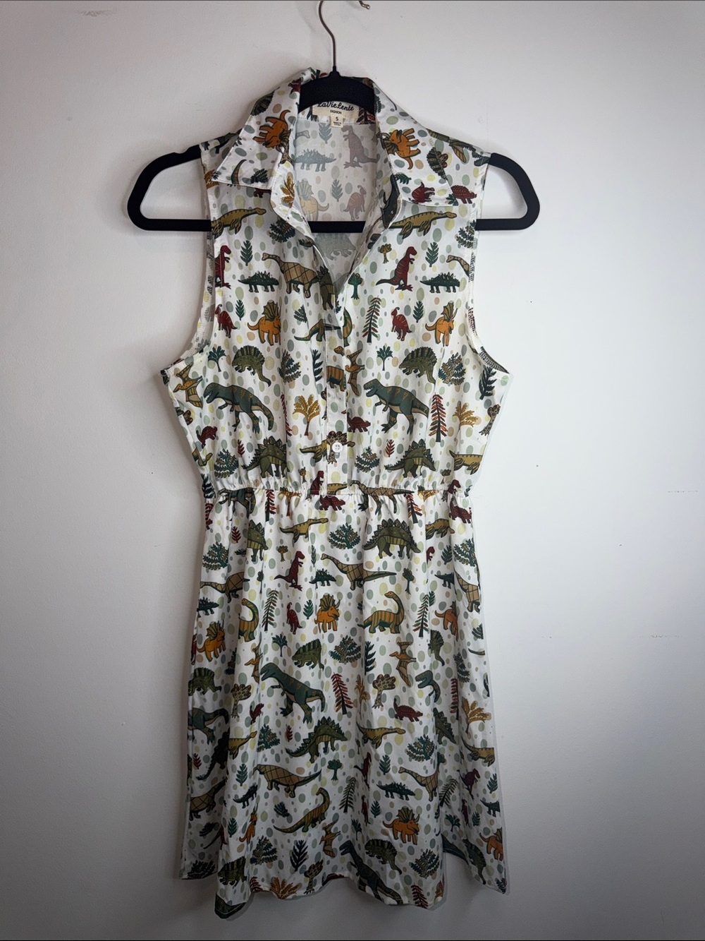 Sleeveless White Dinosaur Print Shirt Dress